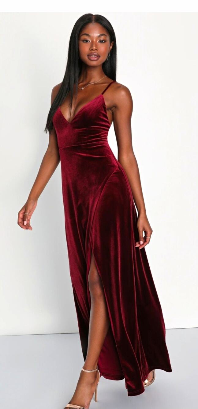 Lulus Burgundy Velvet Maxi Dress V-Neck Strappy Sleeveless Side Slit S